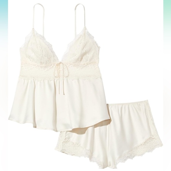 Victoria's Secret Satin & Lace Babydoll Cami Top & Shorts Pajama Set White SizeS - Picture 14 of 15